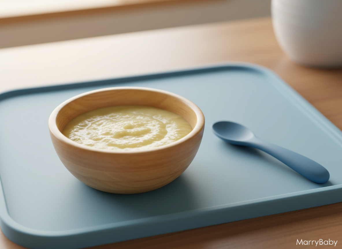 Bát cháo rây mịn sánh cho bé, có màu vàng nhạt từ Dashi