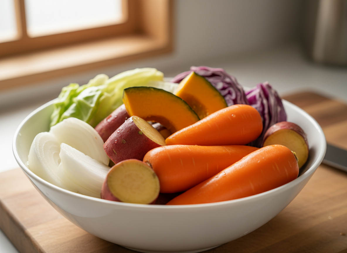 Rau củ tươi cắt miếng sẵn sàng nấu Dashi cho bé ăn dặm