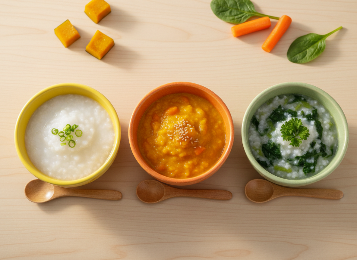 Ba bát cháo rây đa dạng màu sắc: trắng, cam, xanh, cho bé ăn dặm