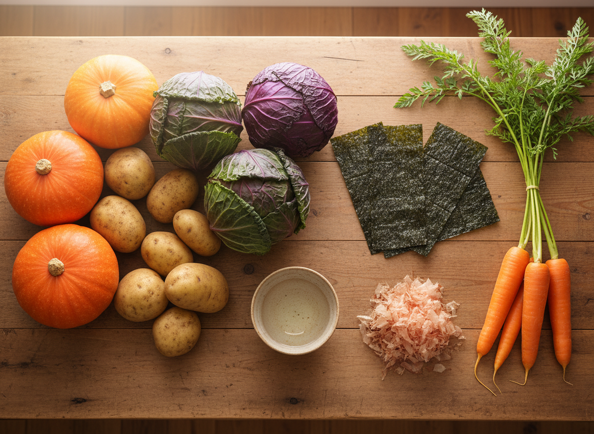 Nguyên liệu tươi ngon làm nước Dashi: rau củ, Kombu, Katsuobushi