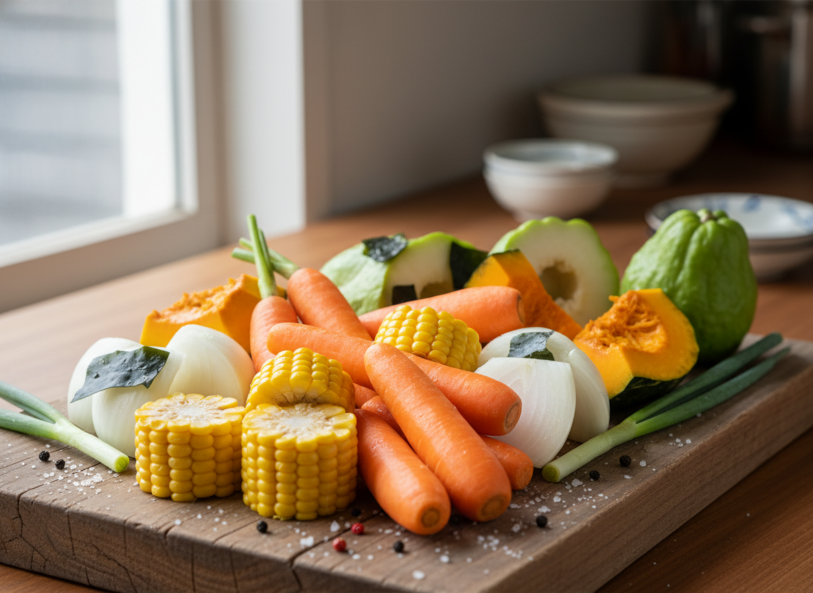 Nguyên liệu rau củ tươi ngon nấu nước dashi cho bé