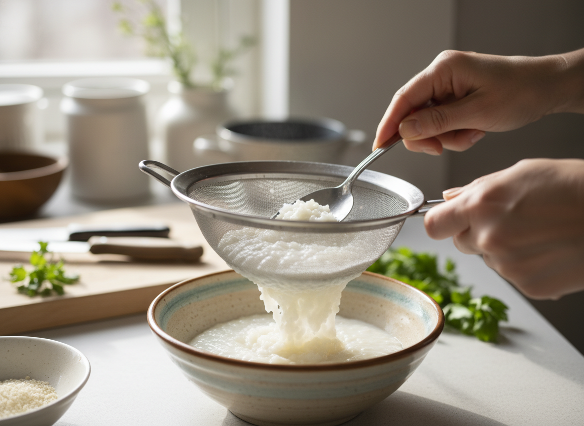 Kỹ thuật rây cháo qua lưới lọc cho bé ăn dặm