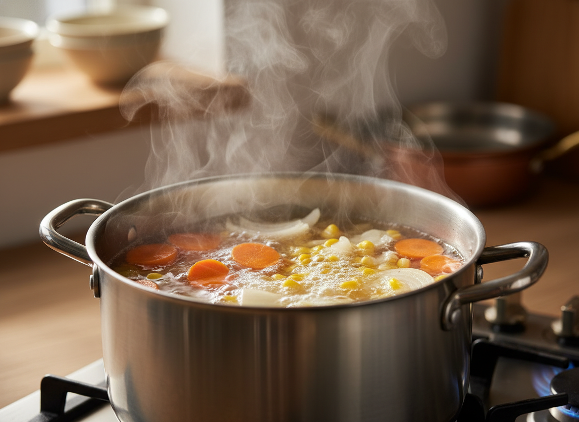 Nồi nước hầm rau củ dashi đang sôi liu riu trên bếp