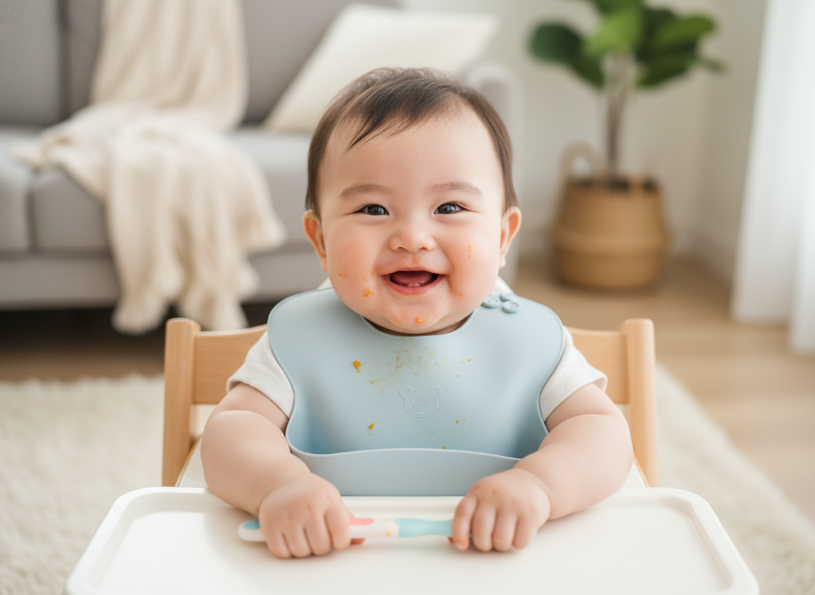 Bé 5 tháng tuổi hào hứng ăn dặm với cháo nấu nước dashi