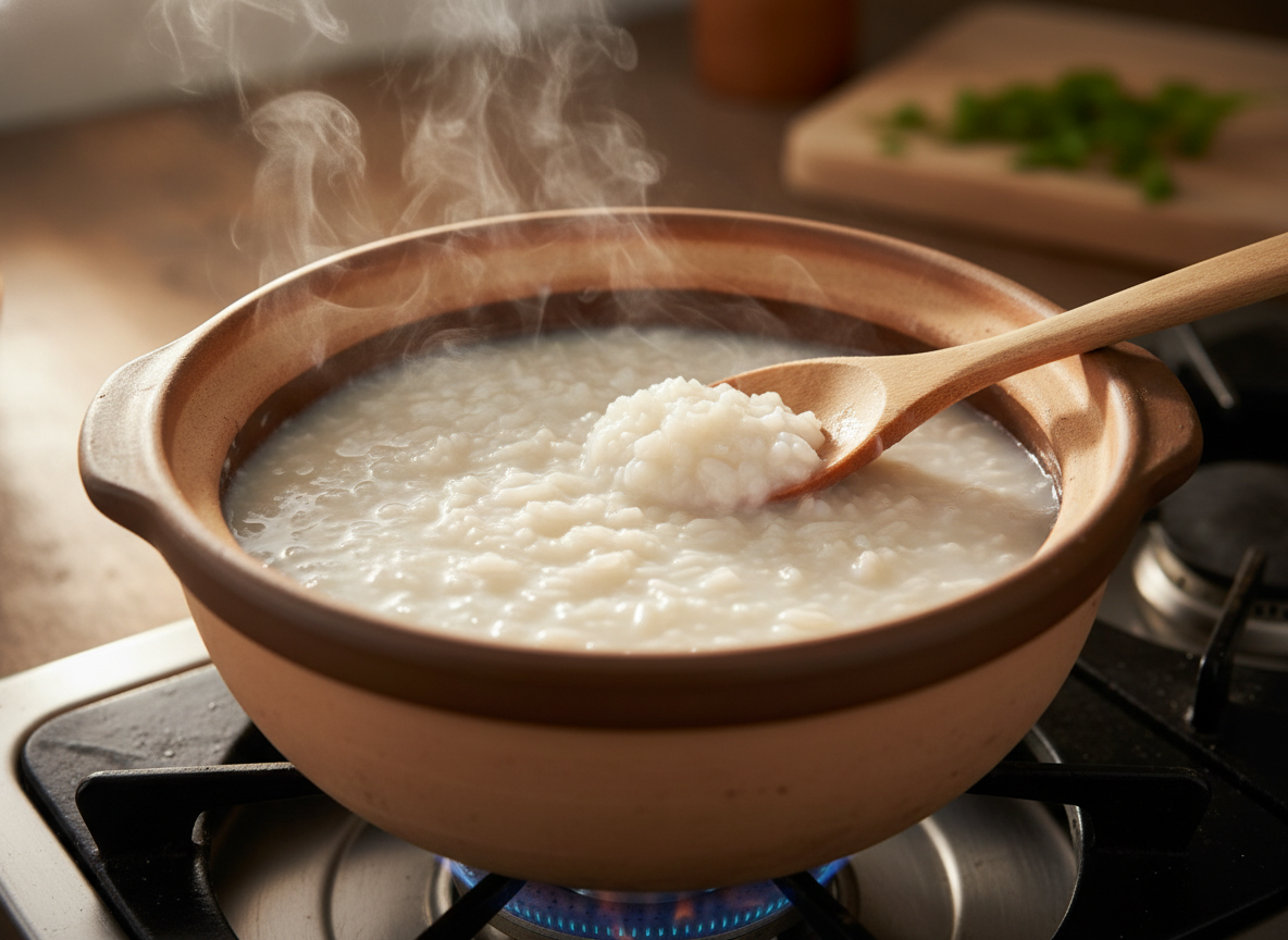 Nồi cháo trắng đang sôi liu riu hạt gạo nở bung