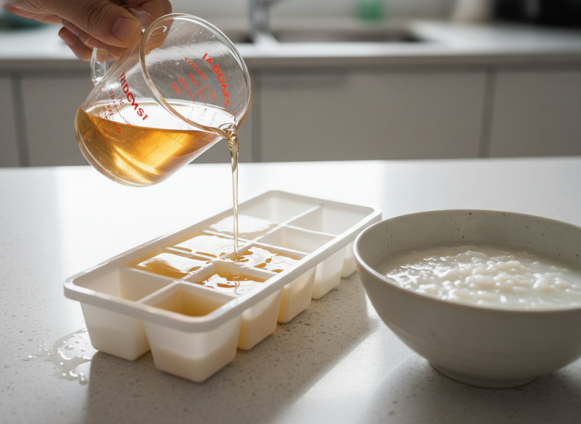 Rót nước dashi rau củ vào khay trữ đông silicon