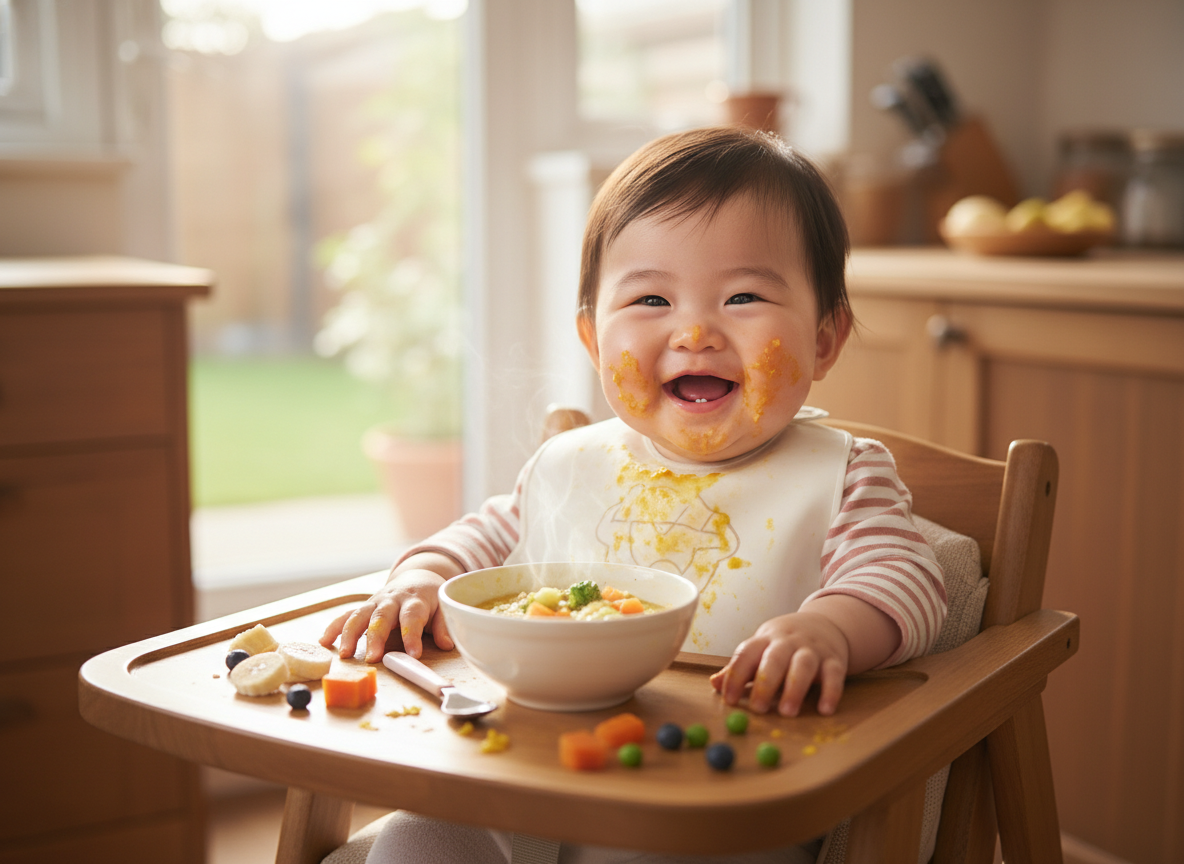 Em bé ăn dặm kiểu Nhật vui vẻ hợp tác