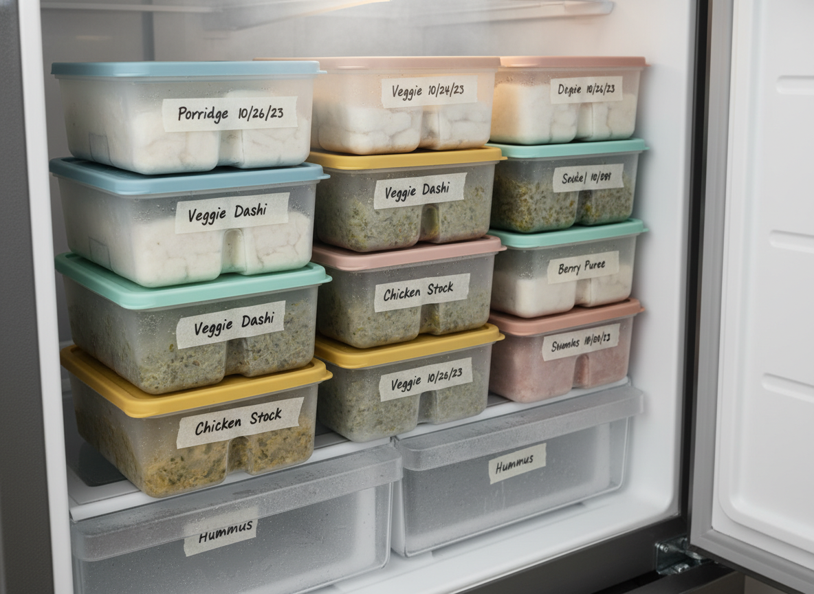 Sắp xếp khay trữ đông đồ ăn dặm trong tủ lạnh ngăn nắp có dán nhãn