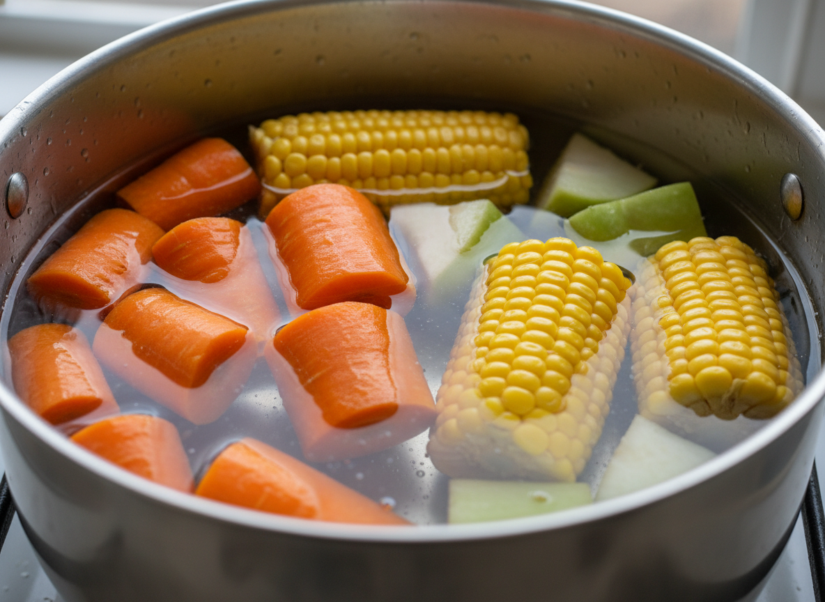 Hình ảnh minh họa các combo rau củ được cắt khúc sạch sẽ, xếp vào nồi chuẩn bị nấu, ví dụ như combo bắp, cà rốt và su su.