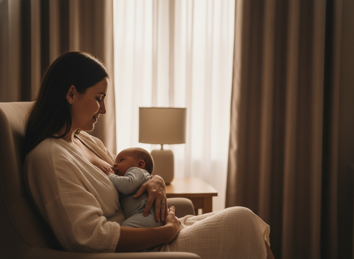 Mẹ cho bé bú trong phòng yên tĩnh ánh sáng dịu để khắc phục biếng ăn