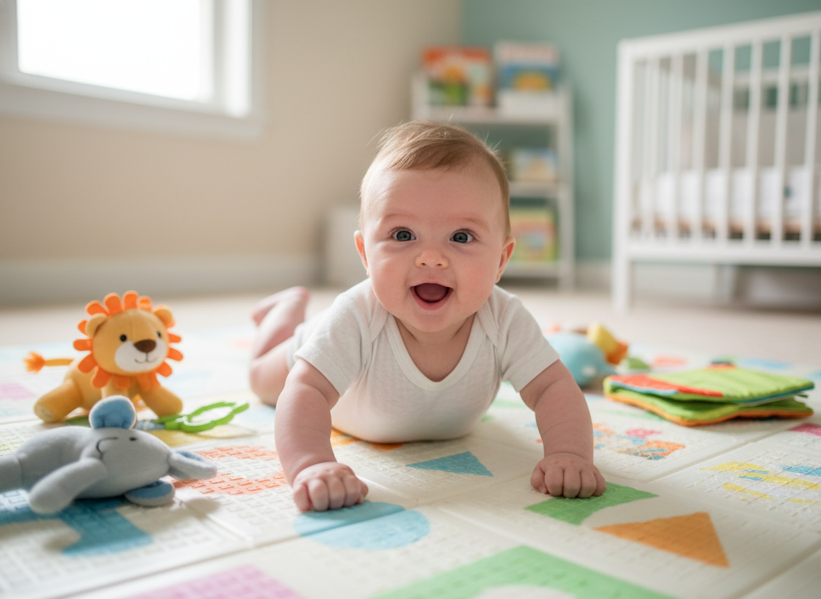 Bé 3 tháng tuổi tập lẫy trên thảm chơi, nguyên nhân gây biếng ăn sinh lý
