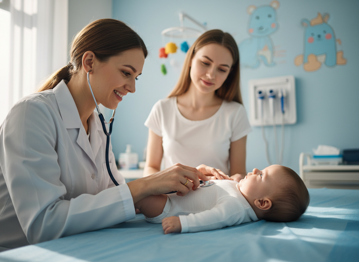 Bác sĩ nhi khoa khám cho bé 3 tháng tuổi để kiểm tra biếng ăn bệnh lý