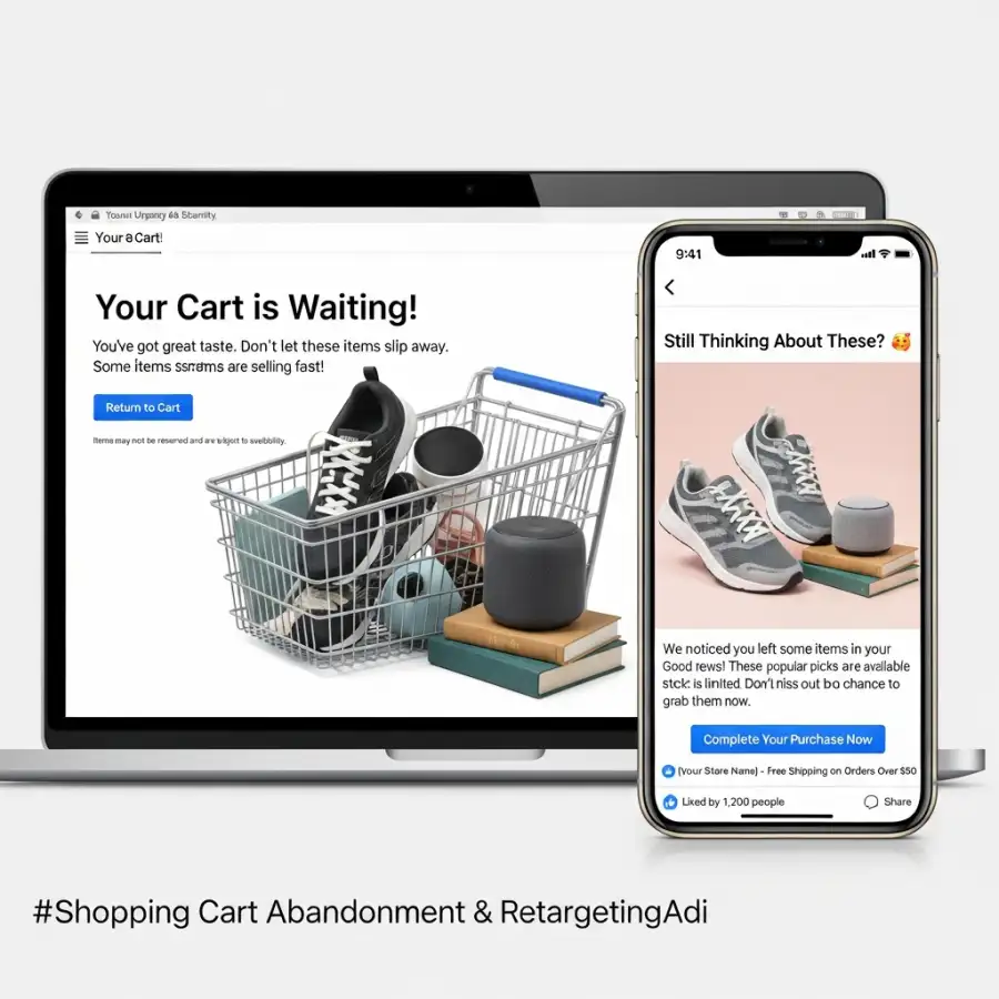 A woman looking at a laptop with Facebook ads displayed