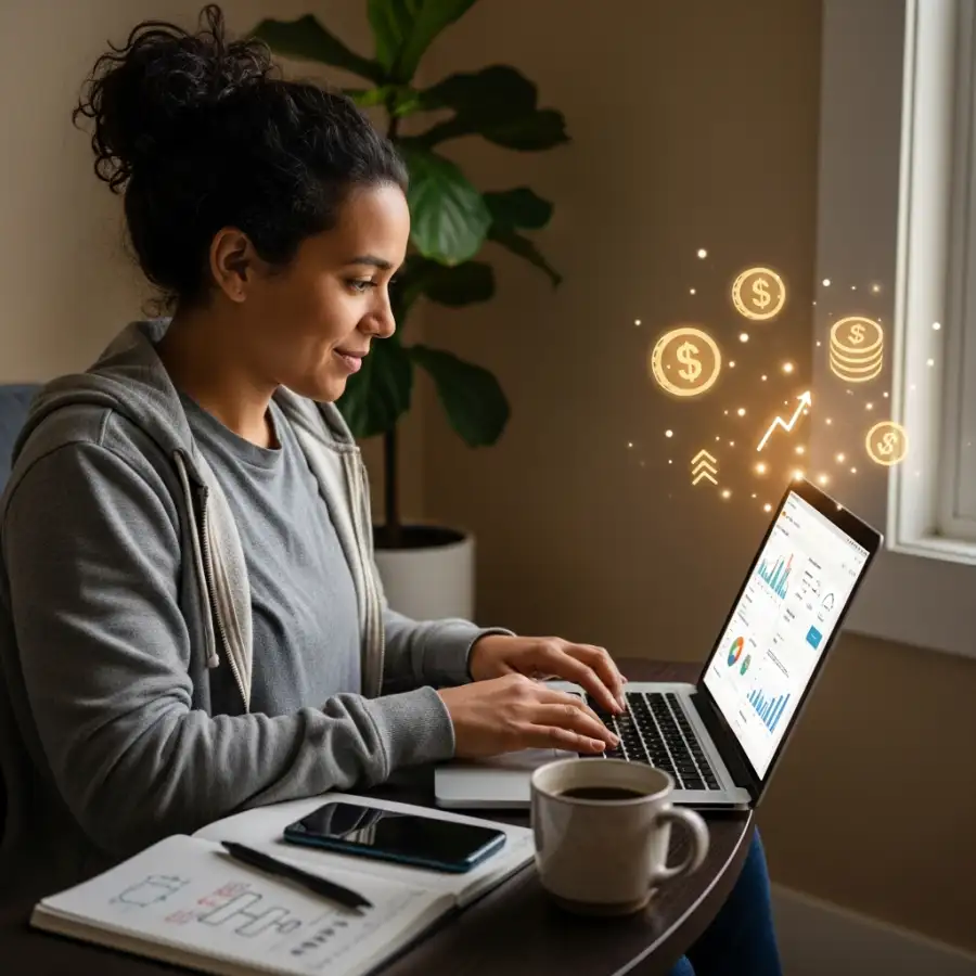An illustration of a person working on a laptop, with icons representing affiliate marketing concepts around them.