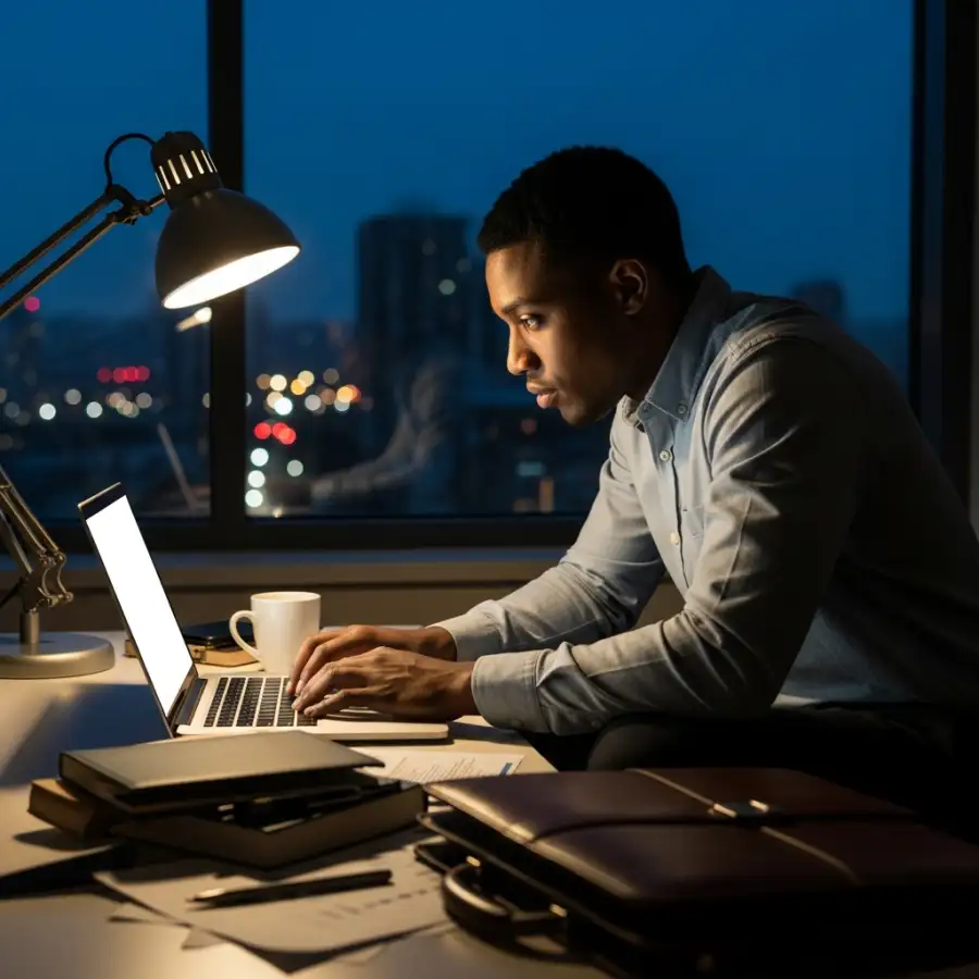 An illustration of a student at a computer studying for an online college degree
