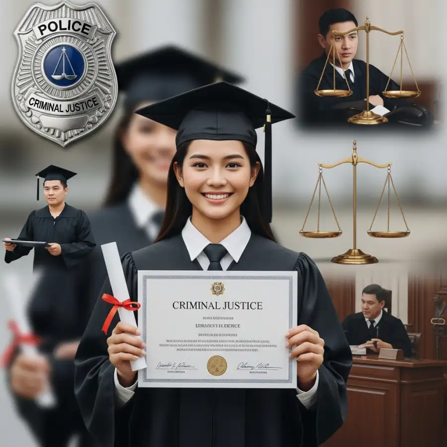 An illustration of a police badge and a graduation cap representing online criminal justice degrees