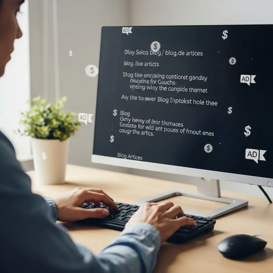 رجل يجلس أمام جهاز كمبيوتر ويكتب على مدونة