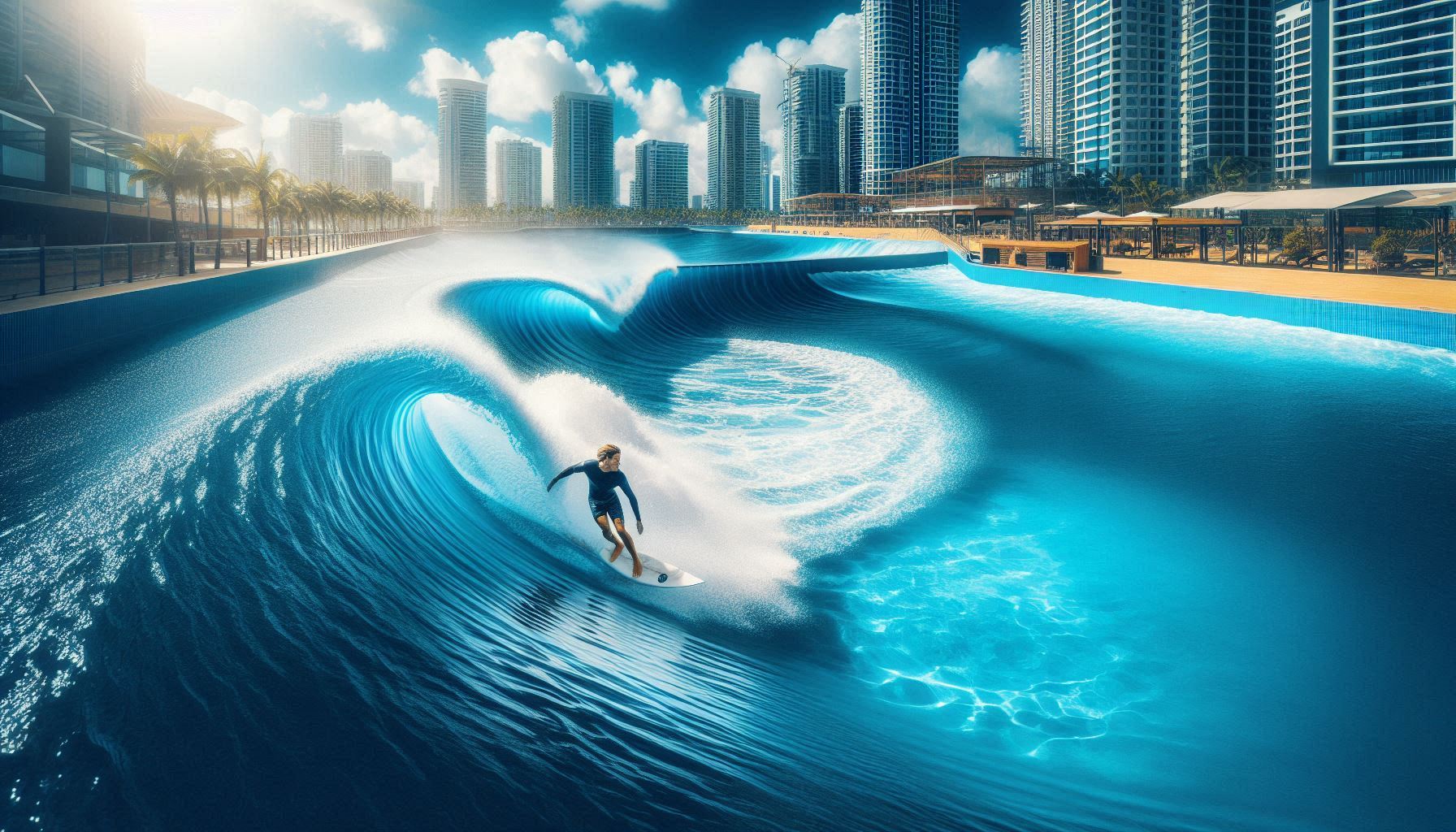A perfect wave being ridden by a surfer in a wave pool in the middle of a city