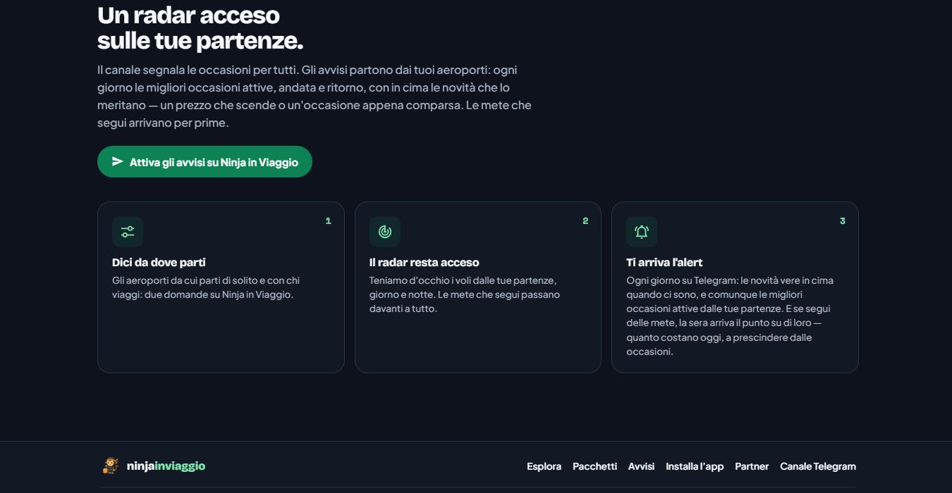 Pagina Avvisi di Ninja in Viaggio con spiegazione delle notifiche Telegram personalizzate