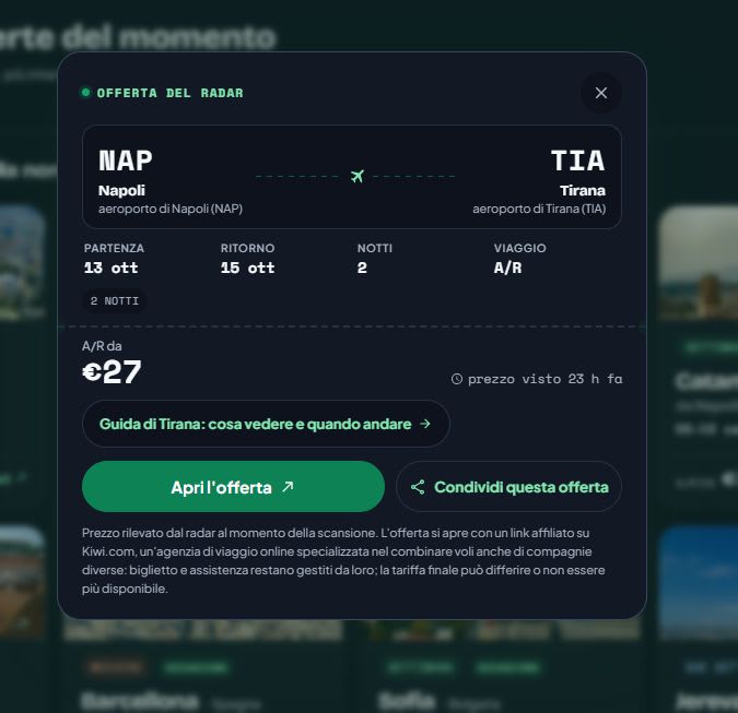 Scheda di un’offerta da Napoli a Tirana con date, durata, prezzo e collegamento al partner