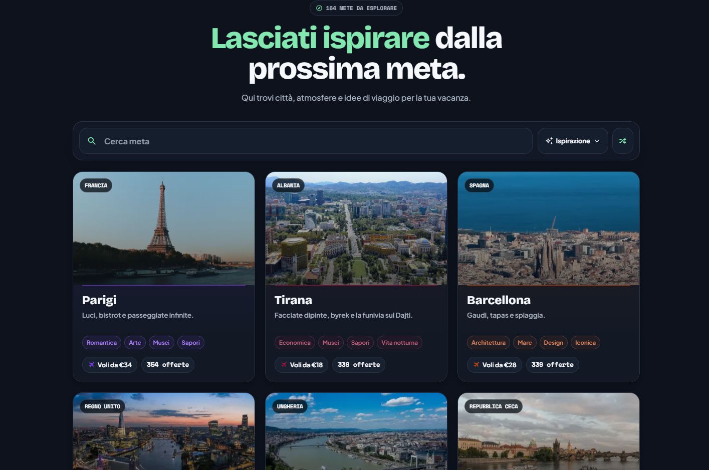 Sezione Esplora di Ninja in Viaggio con destinazioni e filtri per tipo di esperienza