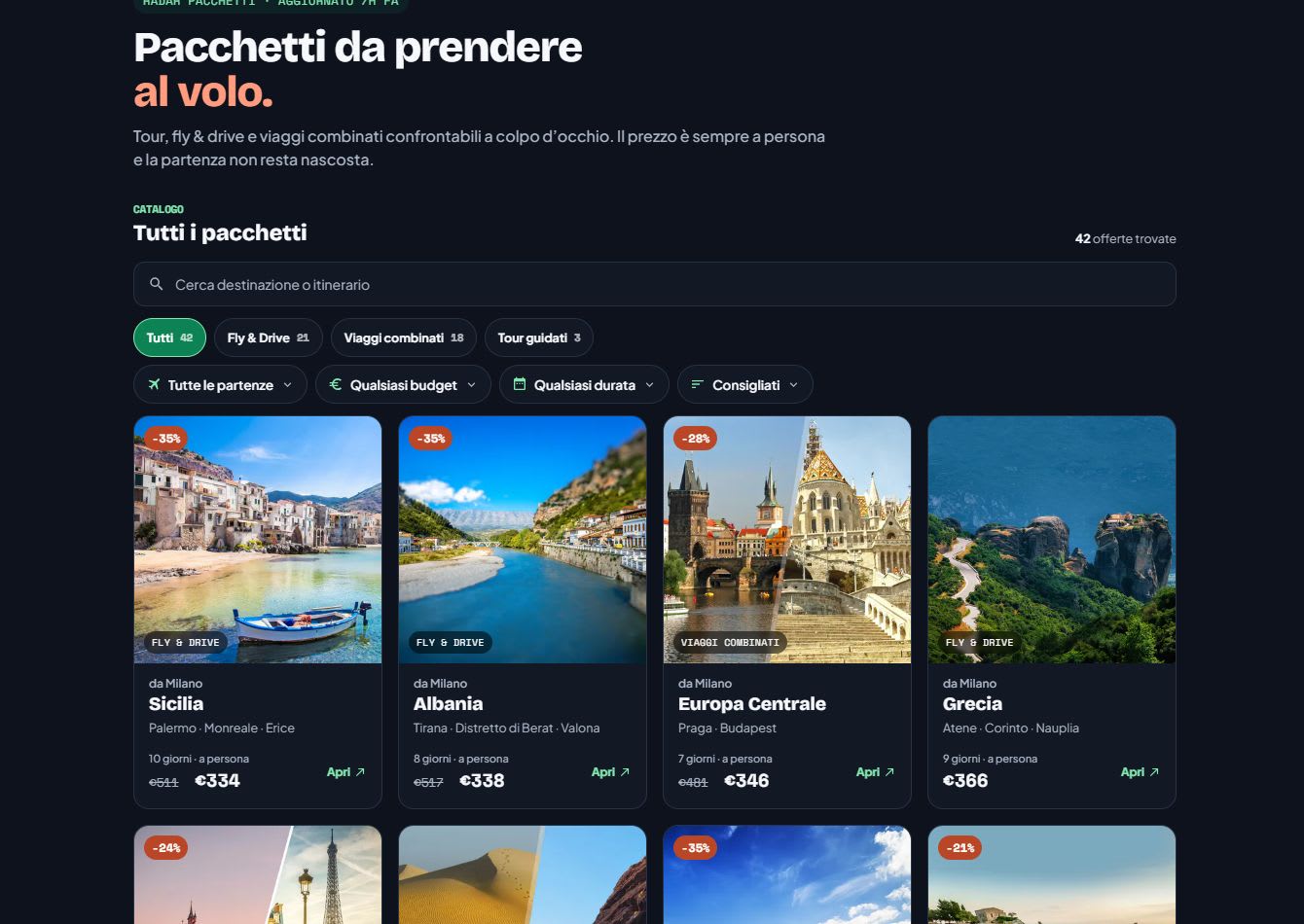 Sezione Pacchetti di Ninja in Viaggio con tour, fly and drive e filtri di ricerca