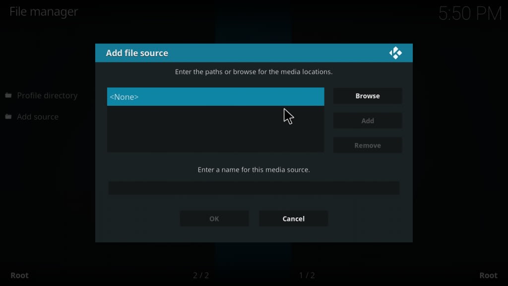 La finestra Add file source di Kodi, con il campo del percorso impostato su Nessuno, i pulsanti Sfoglia e Aggiungi e il campo per dare un nome alla sorgente.