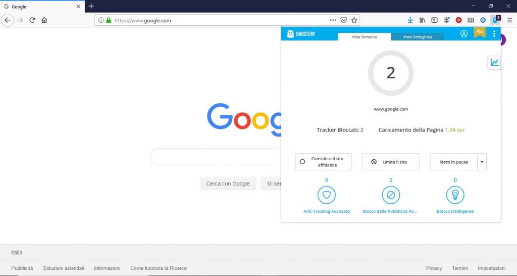 Ghostery estensione Mozilla Firefox in funzione su google.it