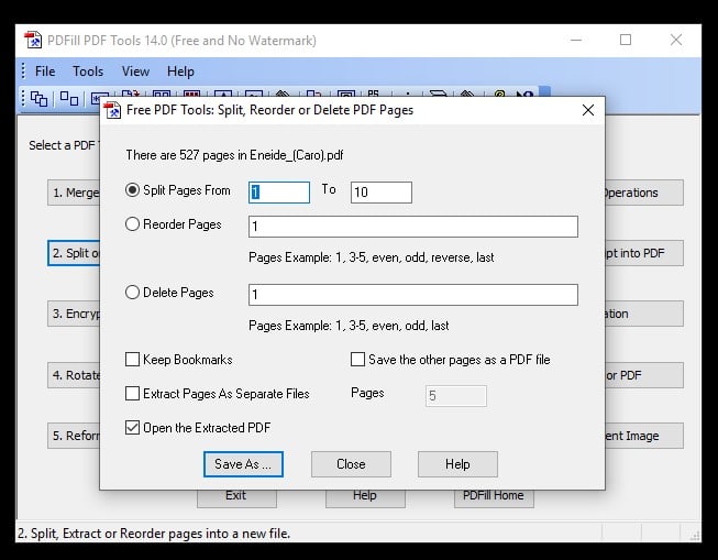 Schermata impostazioni programma per dividere PDF