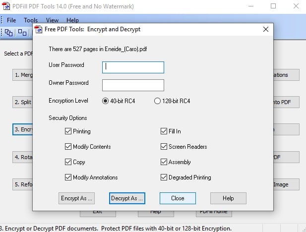 Finestra Impostazioni per criptare un PDF