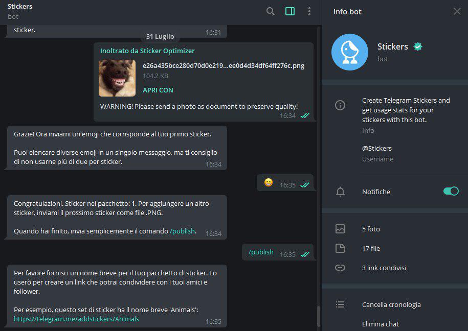 come creare stickers su Telegram