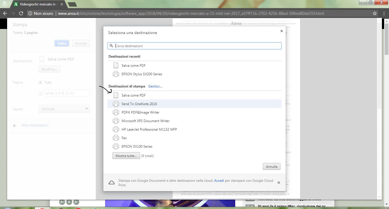 Convertire pagine web in pdf