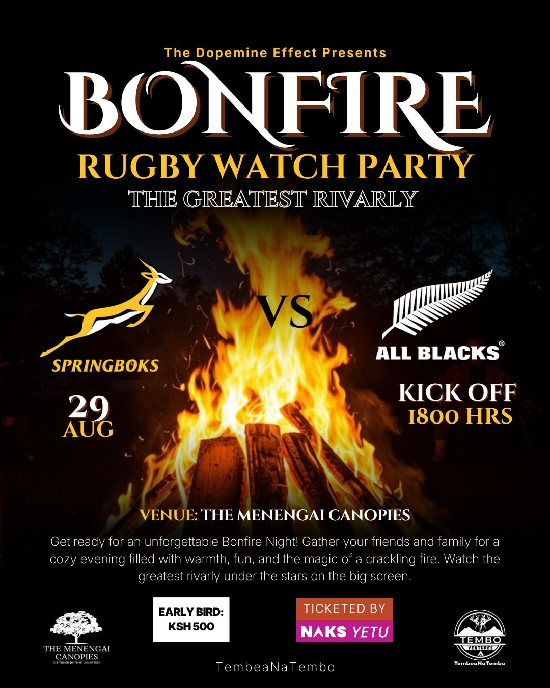 SPRINGBOKS VS ALL BLACKS BONFIRE WATCH PARTY