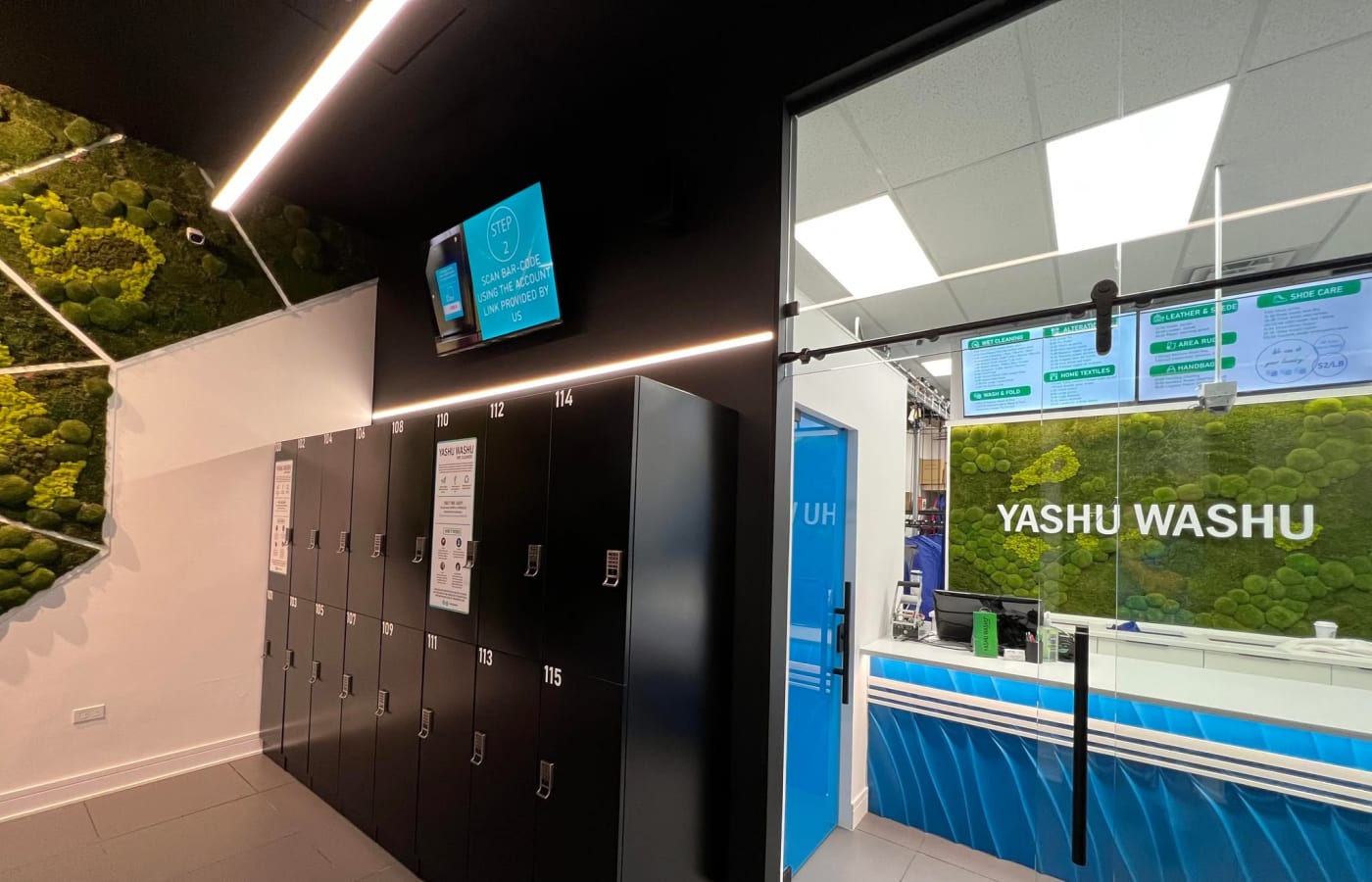 Yashu Washu, Chicago: black smart laundry lockers inside the 24/7 dry cleaning store