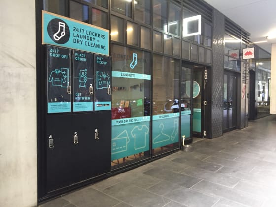 A 24/7 locker bank on a shopfront