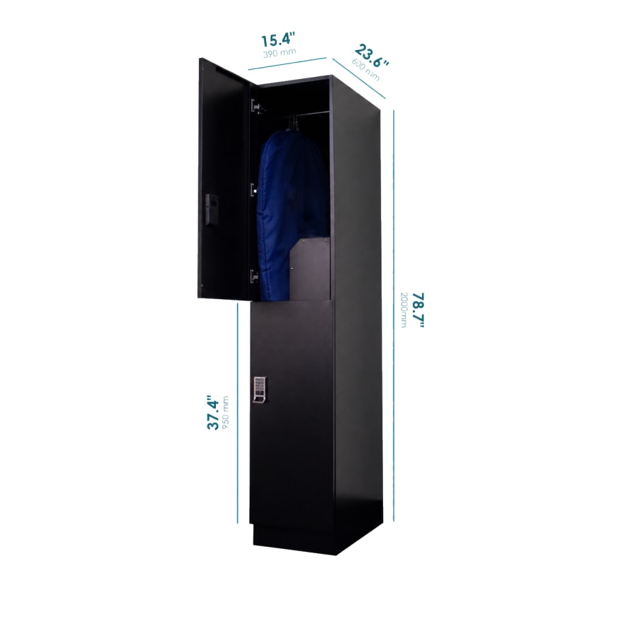 Multi-Purpose locker dimensions: 15.4 by 23.6 by 78.7 inches, door open with a hanging garment