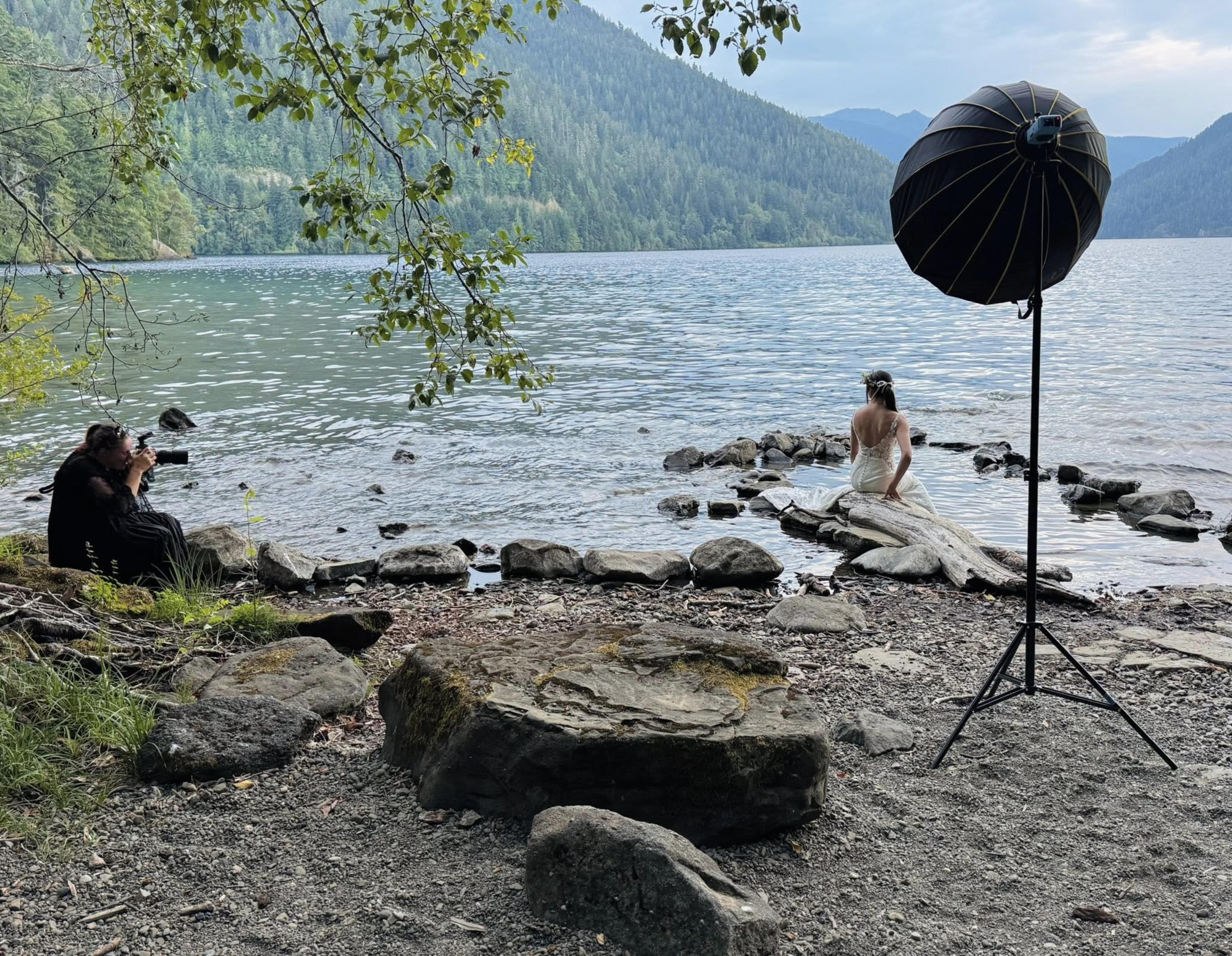 Alaina shooting a bridal session at the lake