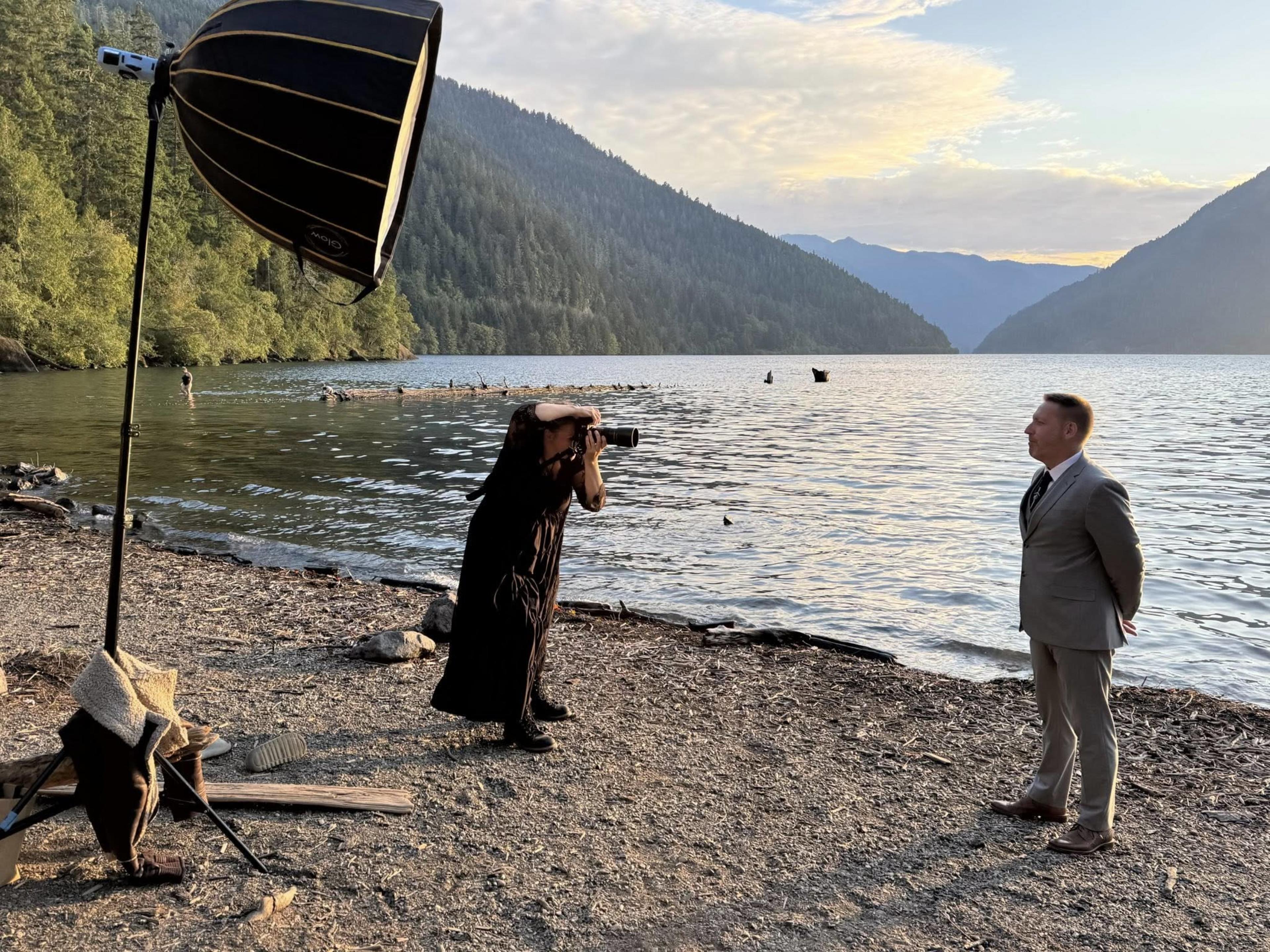 Alaina shooting a commercial portrait at the lake