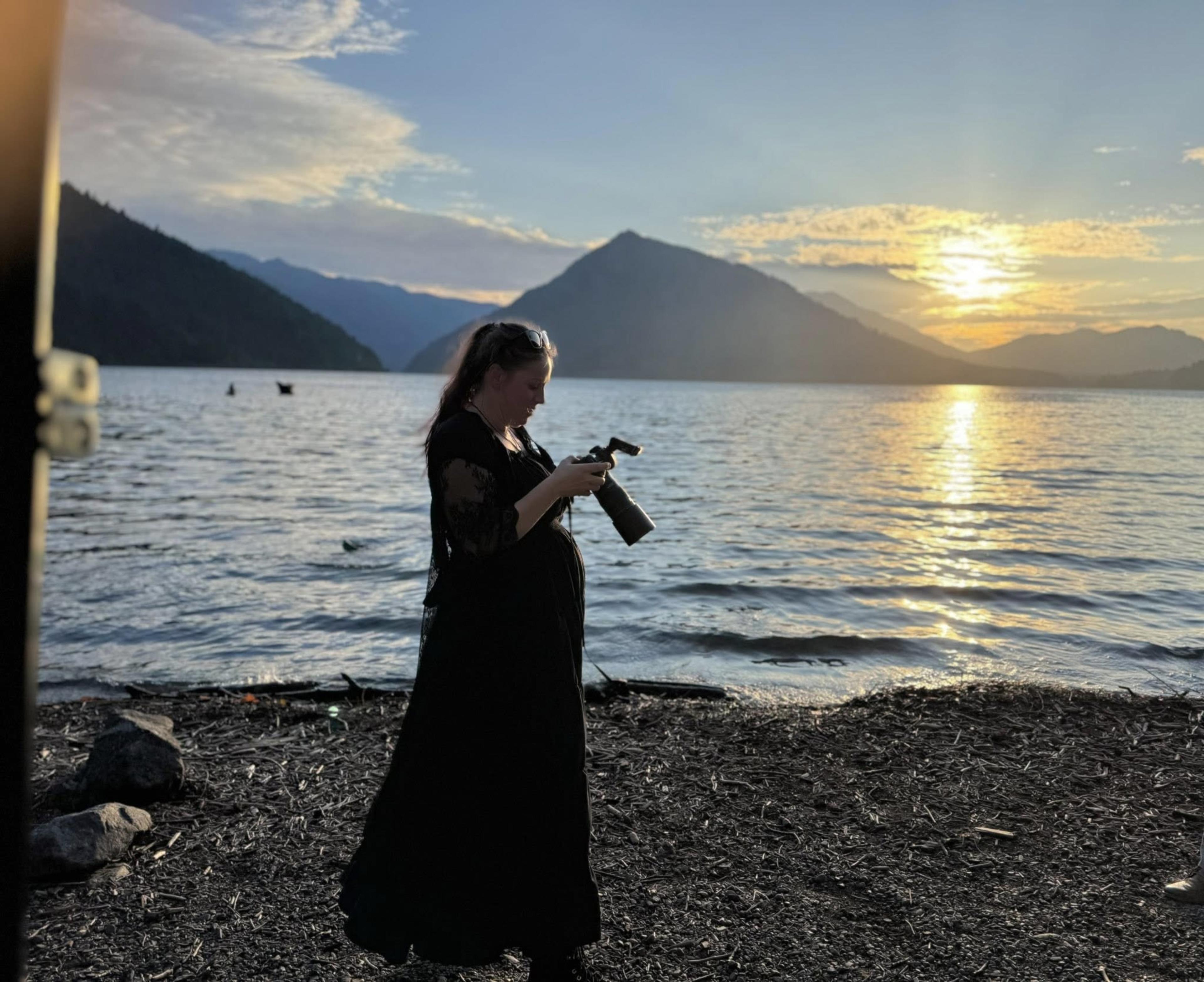 Alaina shooting at sunset by the lake
