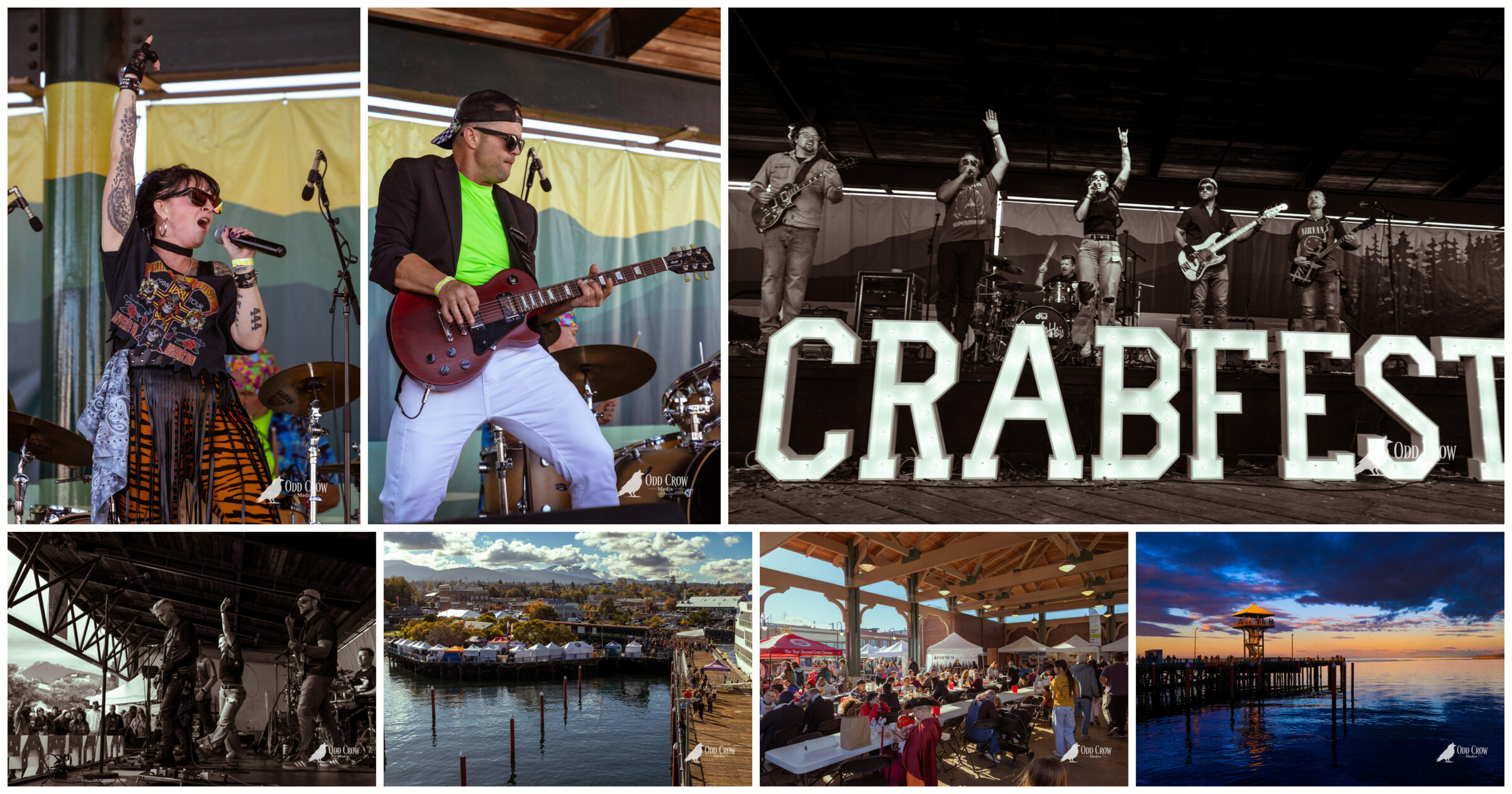 Collage from the Dungeness Crab Festival in Port Angeles: Rewind Back 2 the 80's and Supernostalgic on stage, the packed waterfront, the pavilion, and the pier at sunset
