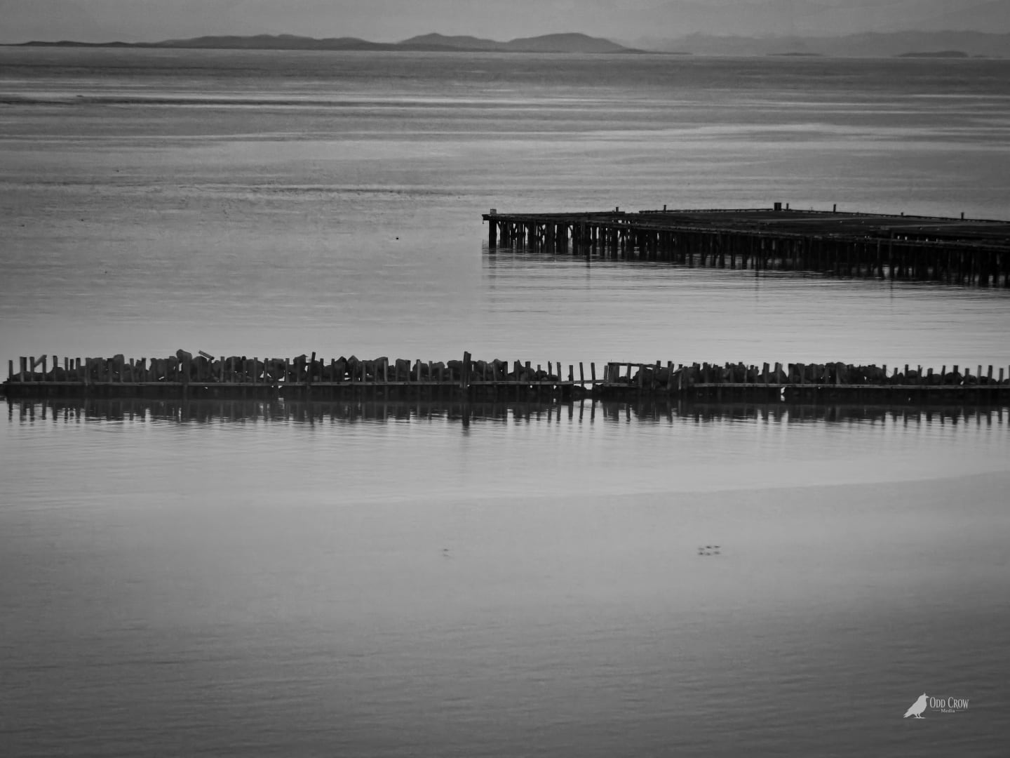 Ediz Hook — abandoned pier ruins in still water, Port Angeles