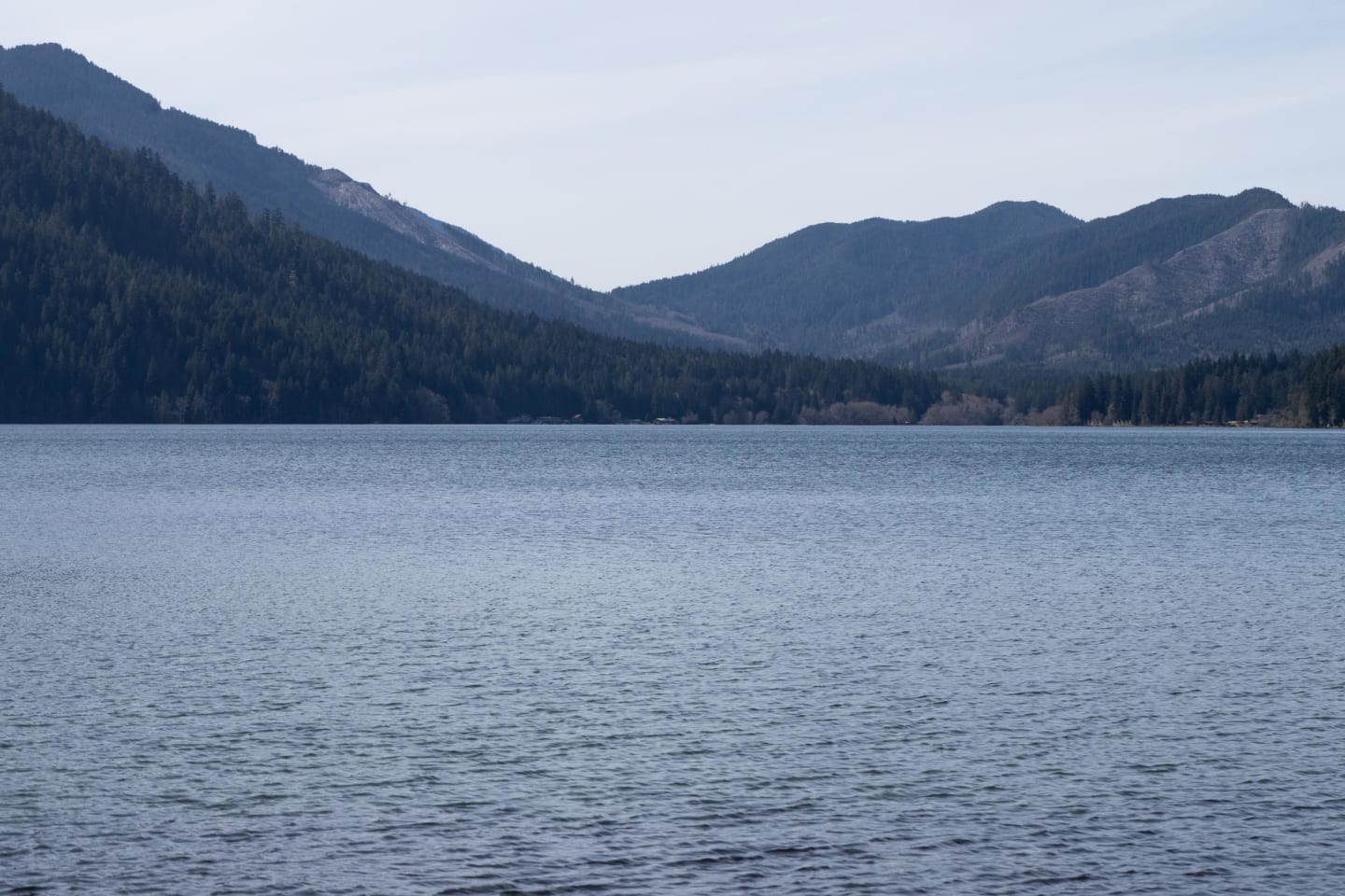 Wide view of Lake Crescent showing the dramatic scale of the surrounding mountains