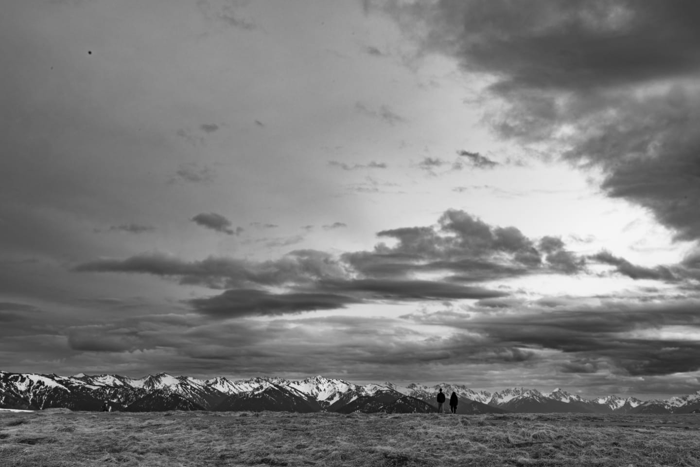 Black and white image of two small figures standing on Hurricane Ridge meadow with Olympic Mountains panorama behind