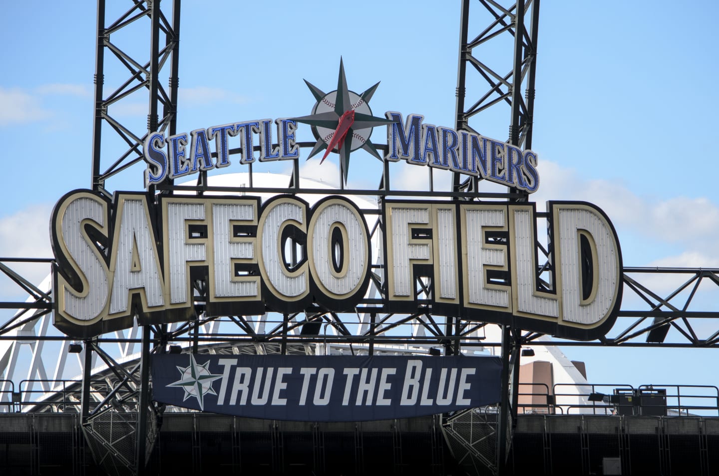 Close-up of the iconic Safeco Field signage with Seattle Mariners compass logo