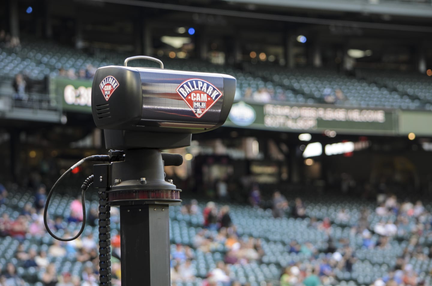 Professional baseball camera equipment labeled "Ball Park Cam" set up at field level