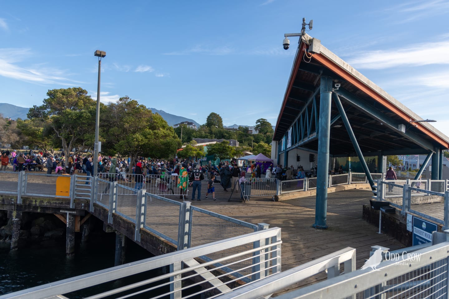 Wide shot of the Concerts on the Pier venue from the dock, showing a large crowd gathered around the covered stage with mountains visible in the background
