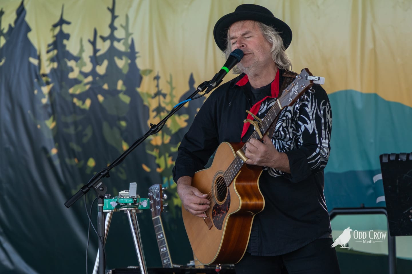 Foot Stompers guitarist leaning into the mint Telecaster, harmonica in hand, drummer in leather jacket visible behind him