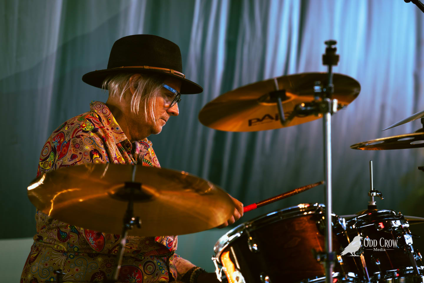 Craiger Robinson mid-strike on the cymbals during Reckless Dove's set on the pier