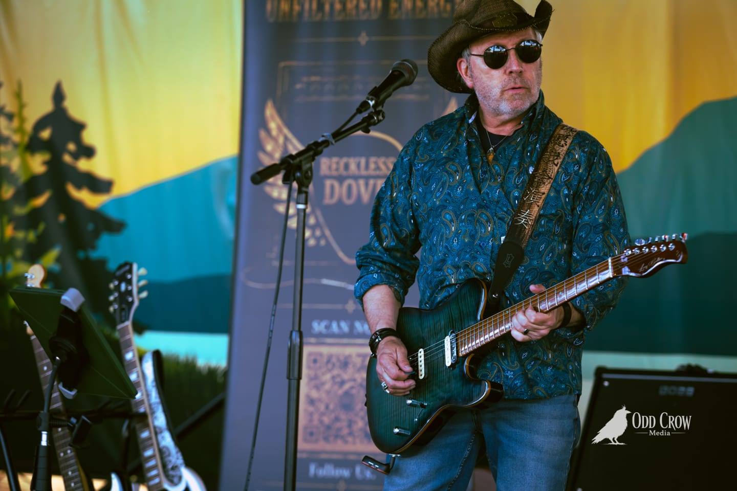 Reckless Dove guitarist performing in front of the band's backdrop banner at Day of Play Festival