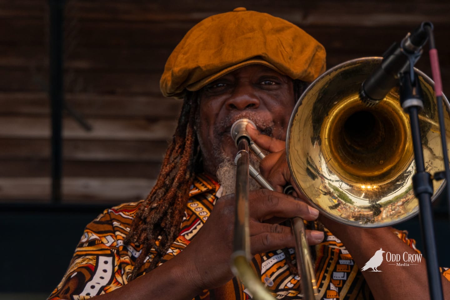 Ska Island singer and trombone player performing on the Port Angeles pier stage